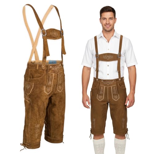 Herren Trachten Lederhose mit Träger - Kniebund Trachtenlederhose - Oktoberfest Tracht Hose braun Gr. 46-60 BR3 (58)
