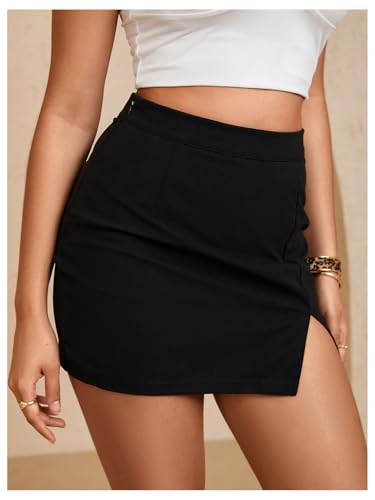 WDIRARA Women's Summer Solid Split Hem Zip Back Mini Workwear Skirt Black Split Hem XXS