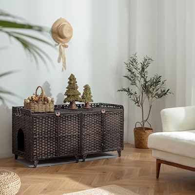 Cat Litter Box Enclosure for 2 Cats, Large Litter Box Furniture with Cat Litter Mat, Hidden Washroom Furniture with Double Room, Handwoven Rattan Cat House with Door, for living room(Brown)