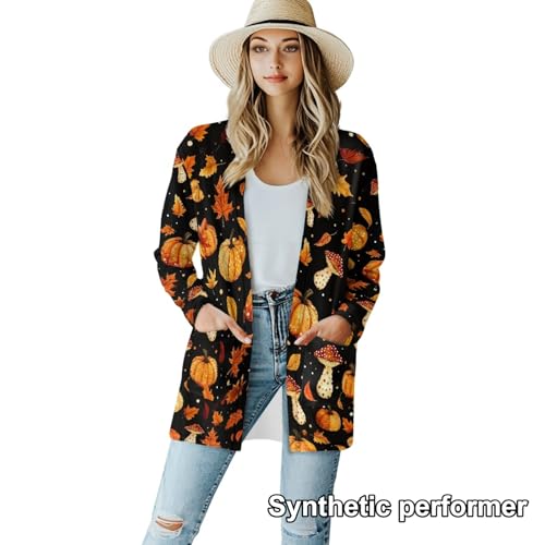 Image of Fall Maple Leaf Cardigan Sweaters for Women Long Sleeve Cardigan Soft Drape Open Front Dusters V-Neck Jackets Dressy