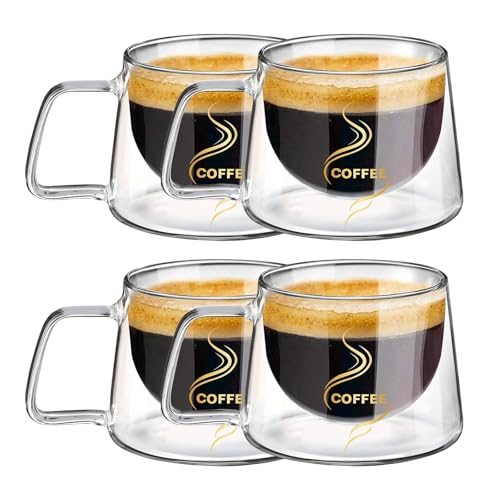 Prismoria Doppelwandige Kaffeegläser 200ml 4er Set, Doppelwandiges Kaffeeglas Tassen, Kaffeetassen Glas Doppelwandig, Isolierte Latte-Gläser, Cappuccino-Latte-Macchiato-Gläser, Hitzebeständig