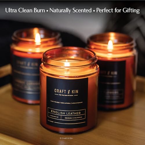 Craft & Kin Scented Candle for Men | Premium English Leather Candle | All-Natural Scent for Home | Long Lasting Winter Candles, 45-Hour Burn Time, 8oz
