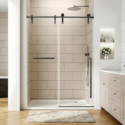 Frameless Shower Door, 44-48 in W x 76 in H, 5/16 in (8mm) Clear Tempered Glass Shower Door, Explosion-Proof Film, Stainless Steel Hardware, Matte Black