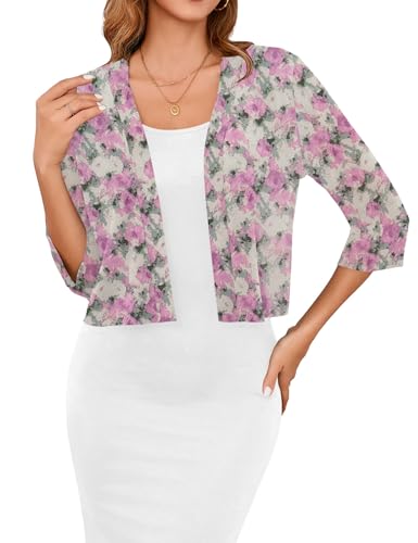 Image of Iandroiy Women's 3 /4 Sleeve Open Front Cropped Cardigan Sweater Elegant Shrugs for Women (Large, FP Pink Floral)