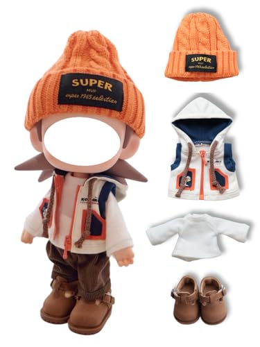 MOFABIA Clothes for 8 inch Zisiga Doll, 5 pcs Set 20cm Doll's Outfits Luxury Caps Shirt Vest Coat Pants Shoes Accessories High-end Stylish Adorable Dolls Clothes (No Doll) (Overalls Orange)