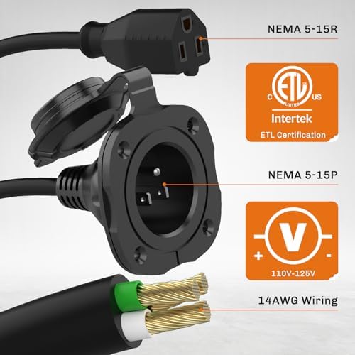 15 Amp 125V AC Power Inlet Port Plug with Integrated Dual 18" Extension Cord, NEMA 5-15 RV Flanged Inlet with Waterproof & Back Cover Y Splitter Cable, 2 Pole 3-Wire Shore Power Plug for Boat - 3