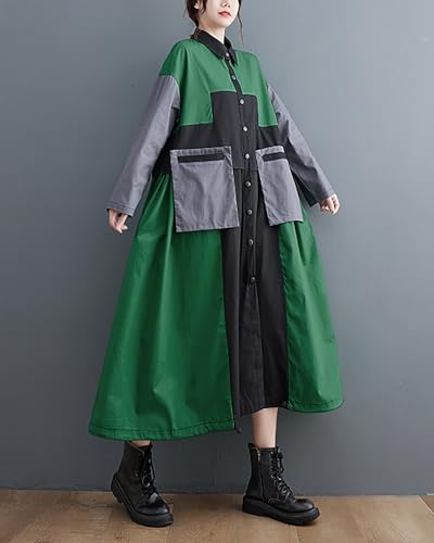 ellazhu Women's Shirt Dress Button Down Lapel Color Block Two Side Pockets Loose Oversize Fall GZ2462
