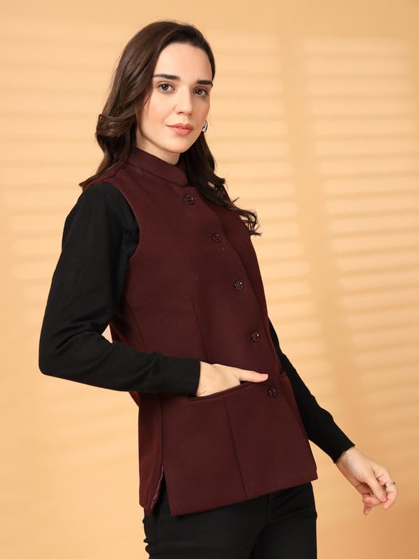 Image of Vastraa Fusion Solid Indian Traditional Ethnic Waistcoat Festive Woolen Nehru Jacket for Women