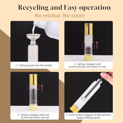 6Pcs 1.7oz 50ml Frosted Transparent Airless Pump Bottles with Funnel, Travel Size Vacuum Dispenser Refillable Cosmetic Containers For Foundations, Cream, Serums, Shampoo, Lotion(Gold)4