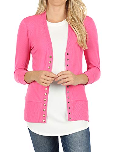 Women Snap Button Front V-Neck Button Down 3/4 Sleeve Ribbed Knit Cardigan (Fuchsia, 1X)