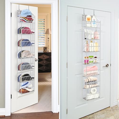 Over the Door Organizer 7 Tiers, No Tilt Closet Organizers and Storage for Bedroom, Clear Over The Door Hat Rack Holds 60 Hats for Closet, Door Hanging Organizer for Closet, Hat Organizer, Clear