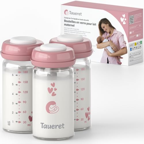 Taueret Bouteille lait maternel verre borosilicate 180 ml, pot conservation lait maternel hermétique, contenant réutilisable pour congélation et stockage, sans BPA