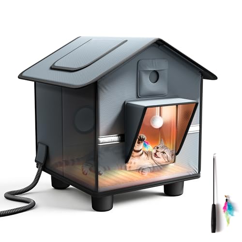 Heated Cat House for Outside for Winter - Elevated Weatherproof Feral Cat Shelter with Aluminum...