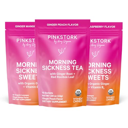 Pink Stork Morning Sickness Relief Kit – 3-Piece Bundle with Organic Ginger Peach Tea, B6 Sweets, Ginger Lozenges – Pregnancy Support, First Trimester Essentials, Gift for Pregnant Women