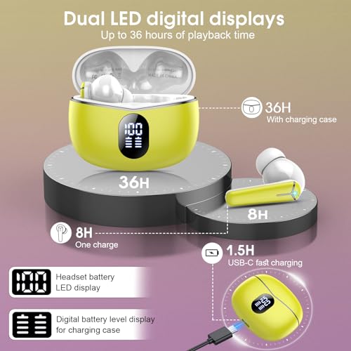 Kicoeon-Auriculares-Inalambricos-Auriculares-Bluetooth-53-HiFi-Estereo-con-4-HD-Mic-Reproduccion-de-36H-IP7-Impermeable-Cascos-Inalambricos-Bluetooth-Control-Tactil-Carga-Rapida-USB-C-Amarillo