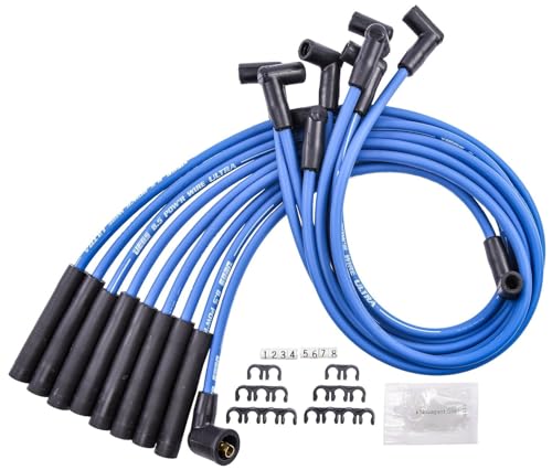 JEGS Blue Ultra Pow�r Wires | 8.5mm | Made in USA | for Ford 351W, 351C, 390, 429, 460 with HEI Cap | Straight/Multi-Angle Spark Plug / 90 Degree Distributor Boots