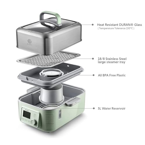 BUYDEEM G563-A501 Electric Food Steamer for Cooking, 2 Tire Stainless Steel Steamer with Slow Cook Mode, 1500W, 10-Quart, Green