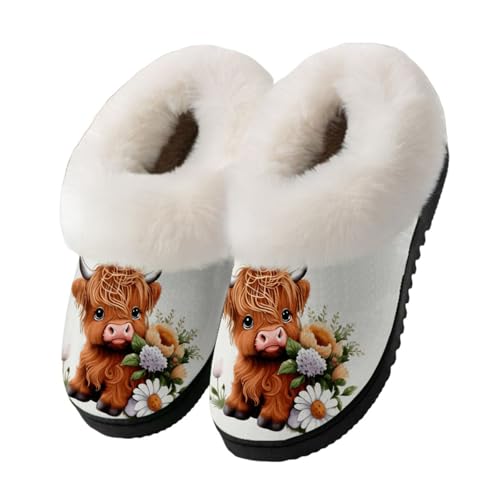 NMHOO Womens Mens Highland Cow Slippers Cozy Faux Fur Collar Warm Indoor Outdoor Closed Back Highland Cattle Slippers with Anti-Slip Sole 3940