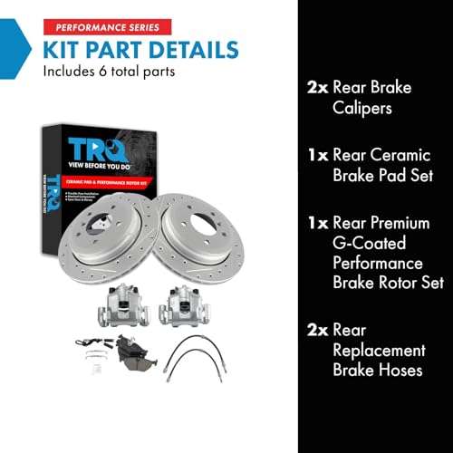 Image of TRQ Performance Rear Brake Pad and Rotor Set Ceramic Slotted Drilled G Coated Rotors Calipers Compatible with 2001-2003 BMW 325xi