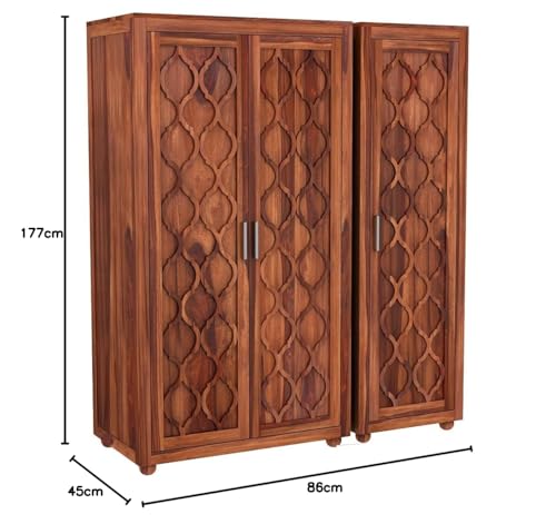 Image of Wooden 3 Door Wardrobe for Clothes with 2 Drawer 6 Shelf Storage & Hanging Space - Sheesham Wood Almirah for Bedroom - Solid Wood Large Cupboard (Honey Finish)
