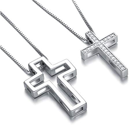 SOULMEET Matching Cross Sterling Silver Necklace for Couples Mother Daughter Son Sisters Friends 2 with Diamond Cut Round Cubic Zirconia Always Be with You Cross Shape Faith