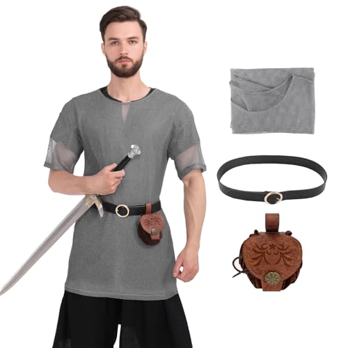 ANINECT Medieval Faux Chain Tunic Mens Renaissance Shirt with Belt and Pouch LARP Cosplay Costume Set