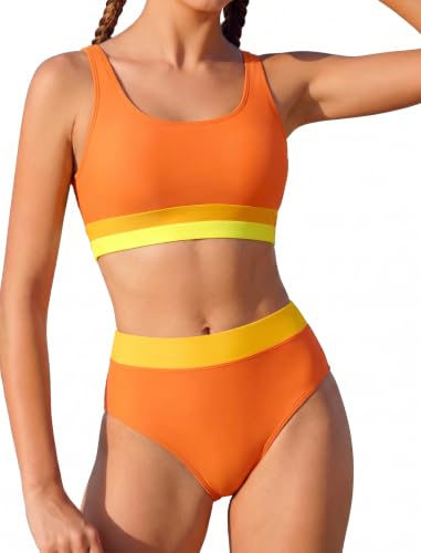 Alakuoti Girls Swimsuit Color Block Adjustable Straps Bikini Sets Teen Girl Two Piece Bathing Suits with Chest Pad Size 8 Orange - image 1