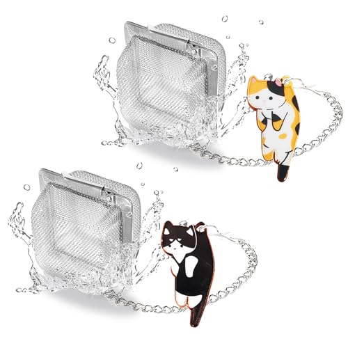 PUSCOBSY Cat Tea Infuser Set, 2 PCS Cubic Tea Diffusers for Loose Tea, Stainless Steel Tea Ball with Cute Charm Pendant, Reusable Tea Steeper for Tea Extraction and Cold Brewing, Black & Orange Cat