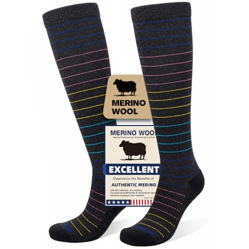 Iambamboo Merino Wool Compression Socks for Women & Men 20-30 mmHg Knee High Dryarn Socks for Flying Travel Running L/XL (Black Coil)