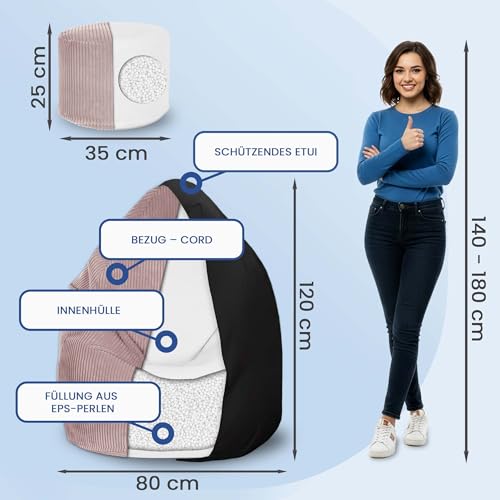 DreamRoots Sitzsack Cord Erwachsener Sitzsäcke Jugendlicher Teenager 80x80x120cm - Sitzsack mit...