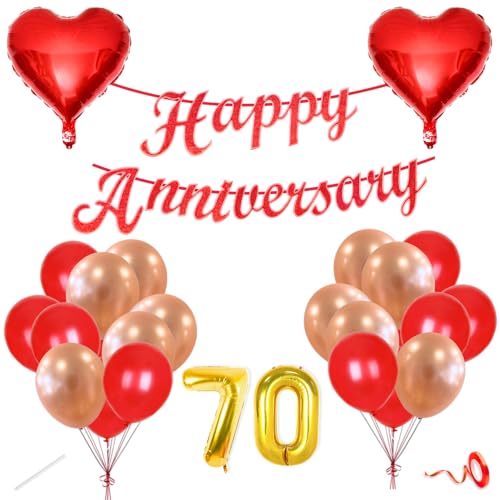 Image of Flyloons 70th Happy Anniversary Decoration Items Red Rose Gold for Men Women Husband Wife Mom Dad Parent Couple Home Bedroom Car With 20 Pcs Metallic Balloons Anniversary Banner 2 Pcs Heart Set Kit
