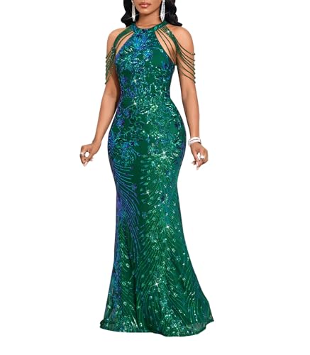 Image of Cololura Women Sexy Elegant Sequin Tassel Off Shoulder Halter Bodycon Maxi Dress Party Evening Gown Formal Dress