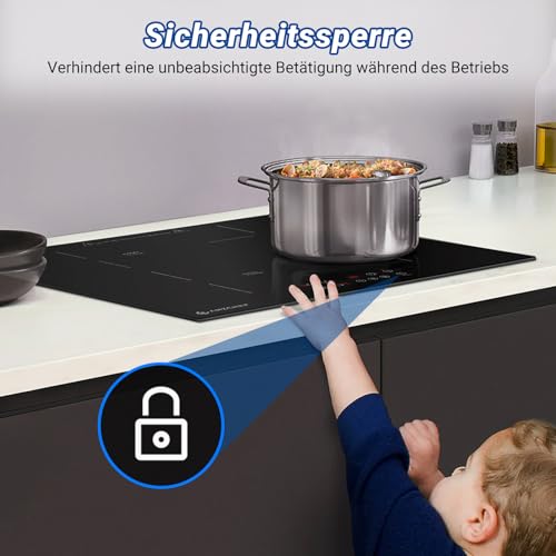 AMZCHEF Induktionskochfeld 60cm, 4 Platten Induktionskochfeld | Einbau Induktionskochplatte | Boost-Funktion | 9 Leistungsstufen | Sicherheitsschloss | Touch-Bedienung | Zeitschaltuhr | 7200W