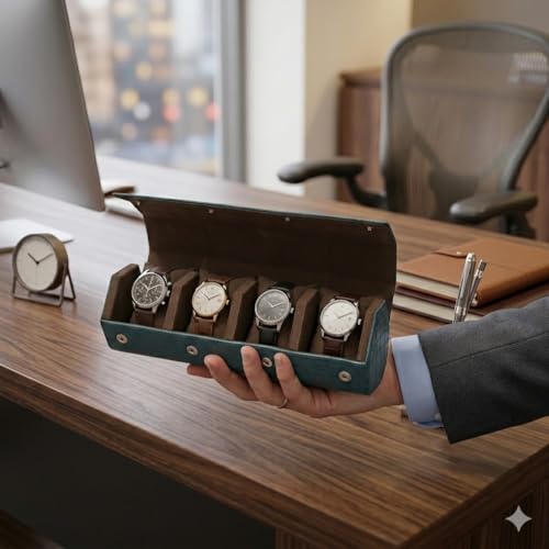 Image of essart 4 Slot Watch Roll Case - Croco Green PU Leather Travel Watch Organizer with Velvet Lining for Men & Women Premium Croco Green Faux Leather Watch Organizer