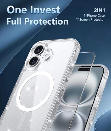 Image of FNTCASE for iPhone 16 Case Clear: Magnetic Phone Cases Compatible with Magsafe Slim Anti Yellowing Military Grade Drop Protection Rugged Protective Transparent Cell Cover (B-Glitter Magnetic)