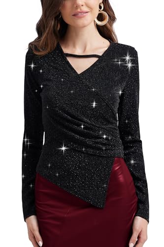 PEIQI Camicetta da donna a maniche lunghe con strass luccicanti