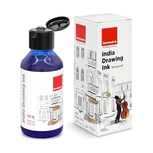 Image of Isomars India Waterproof Drawing Ink Blue 100ml | Professional Artist Ink for Illustration, Calligraphy, Airbrush, Canvas, Fabric, Wood, Paper & Technical Drawing