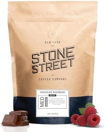 Stone Street Flavored Ground Coffee, Chocolate Raspberry, Freshly Roasted, 100% Colombian Arabica, Gourmet Coffee, Medium Roast, Chocolately Berry Flavor, 1 LB