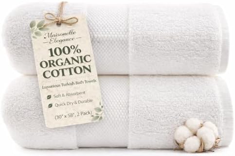 Maisonette Elegance 100% Organic Cotton Turkish Bath Towels, Soft & Absorbent, Ideal Quick Dry Large Luxury Bathroom Towel Set for Shower (30" x 58", 2 Pack) - White - Thumbnail 2