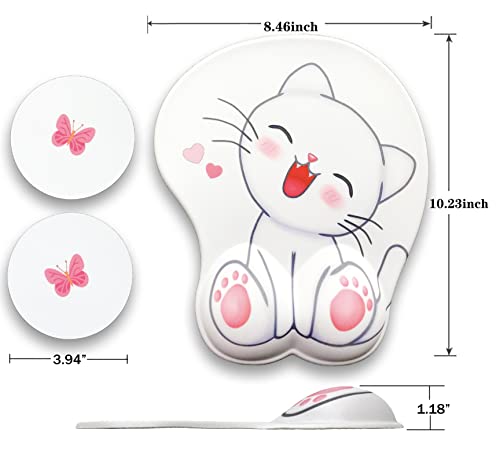 Cute White Mouse Pad With Wrist Support, Ergonomic Mouse Pads Rest, Gel Anime Kawaii 3D Wrist Pads, Pain Relief, And Easy Typing, Gaming, Notebook Computer Home Office (White-Cat) #TOP6