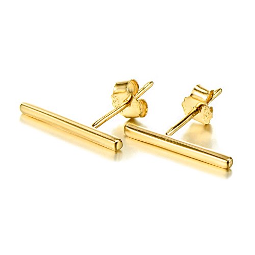 Minimalist 925 Sterling Silver Stud Earrings Modern Bar Geometric Design (Yellow Gold Flashed)