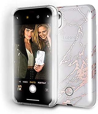 LuMee Duo Phone Case, Rose White Marble | Front & Back LED Lighting, Variable Dimmer | Shock Absorption, Bumper Case, Selfie Phone Case | iPhone XR Only