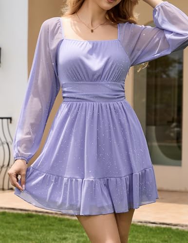 Bridesmay Women's Mesh Long Sleeve Square Neck Dresses Sparkly Flowy A-Line Fall Casual Party Short Mini Dress2