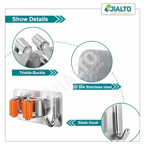 Image of JIALTO 3 Pcs Adhesive Mop Holder and Broom Holder Wall Mounted Stainless Steel | Heavy Duty Mop & Broom Organizer with Hooks | Adhesive Storage Rack for Kitchen, Bathroom - Orange