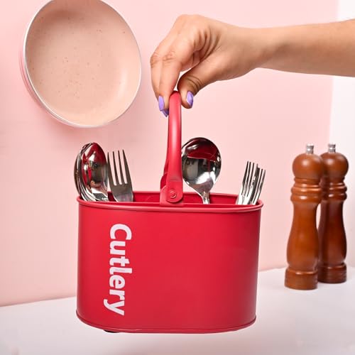 Image of MARKET 99 Galvanised Iron Red Cutlery Holder with Oval Shape and Matte Finish | Knife and Fork Holder for Kitchen | Cutlery Stand | Dining Utensil Rack for Dining Table
