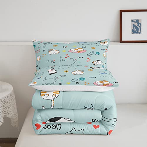 Kawaii Cat Comforter Set Twin Boys Kids Cute Pet Cat Bedding Girls Teens Lovely Cartoon Kitten Print Bedroom Decor Soft Warm Lightweight Quilts 2 Pcs Cute Cat Down Comforter With 1 Pillowcase #TOP4