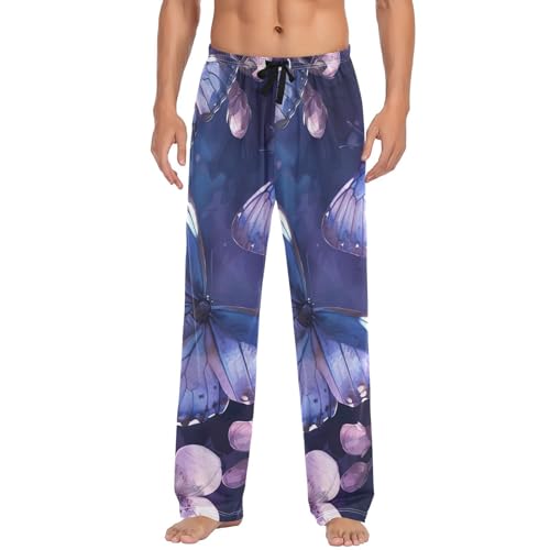 Men's Pajama Pants Violet Floral Butterflies Sleep Pajama Lounge Pant with Pockets, Elastic Waistband