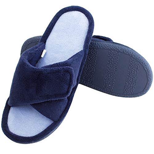 Magtoe Women Memory Foam Indoor Coral Velvet Adjustable Open-Toe House Slipper (Medium, Navy Blue)