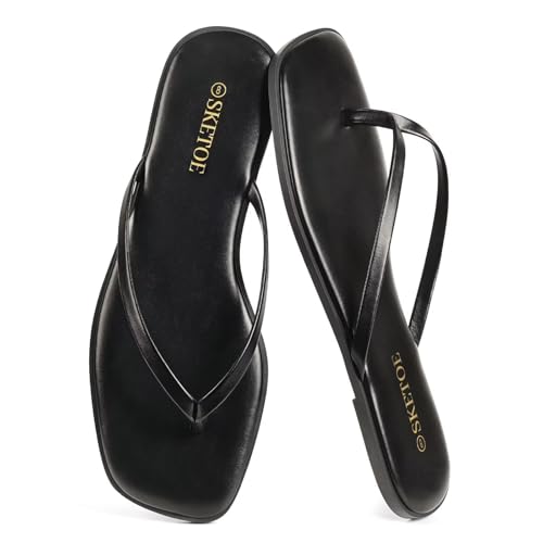 SKETOE Flip Flops for Women Square Toe Flat Sandals for Women Comfortable Thong Sandals Leather Flip Flops Lightweight Summer Beach Sandals Dressy Vacation Essentials Slides, Black