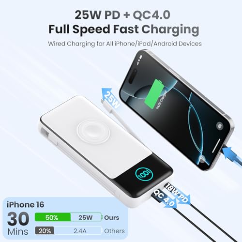Image of Portable Charger for iPhone with Built-in Cables and AC Wall Plug,26800mah Fast Charging USB C Power Bank,25W PD Travel Essential Battery Pack for iPhone 17 /16 /15 /14 /13,Galaxy,Apple Watch (White)